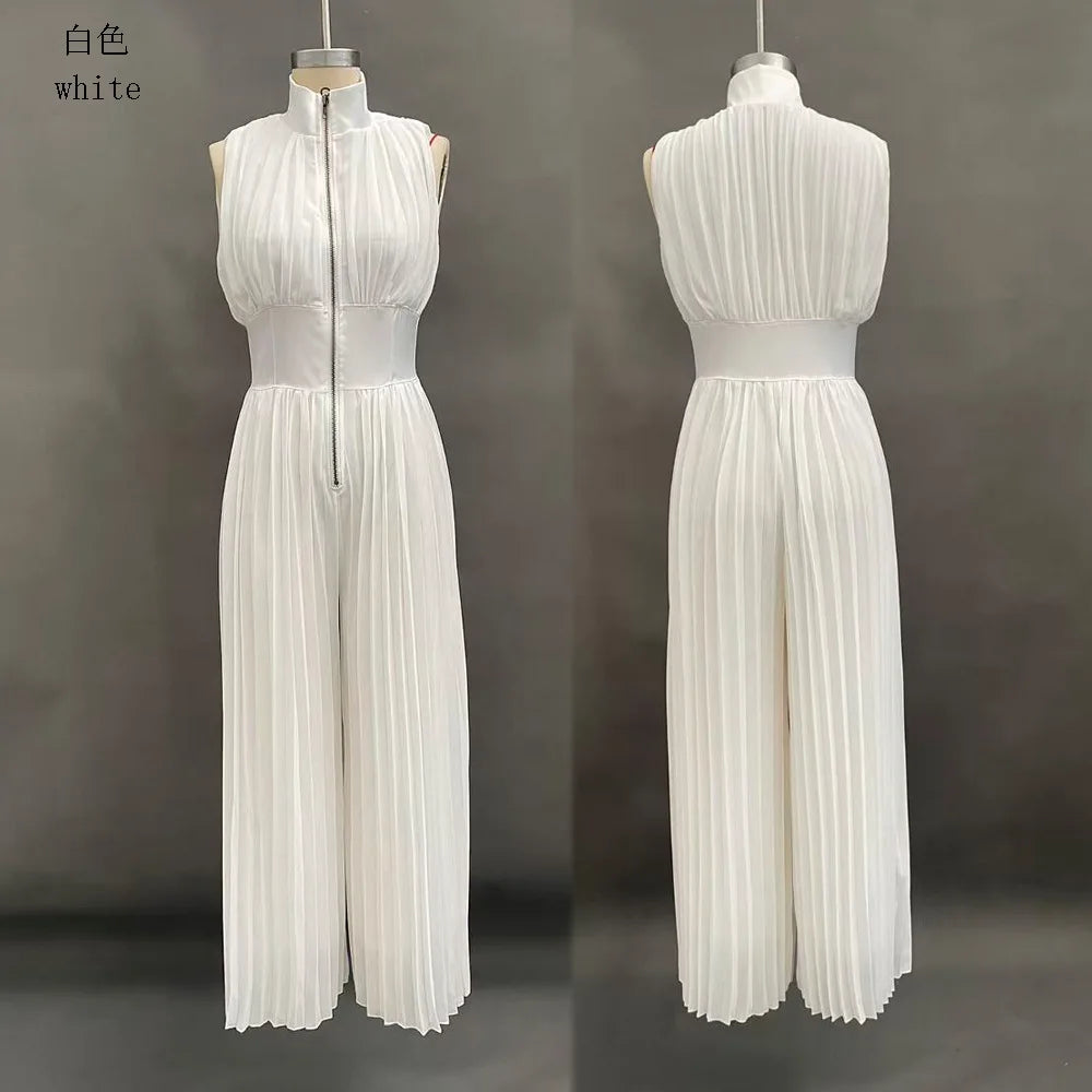 Sexy Deep V Neck Hollow Zip Jumpsuit Women's Spring Solid High Waist Wide Leg Romper Summer Sleeveless Pleated Vacation Overalls