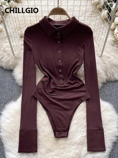 CHILLGIO Women Turn-down Collar Button Rompers Fashion Slim One Piece Combination Tights Autumn Long Sleeve Solid Tight Bodysuit