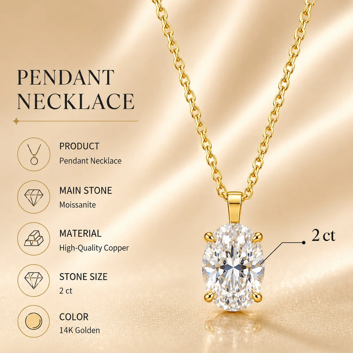 2CT Oval Moissanite Pendant Necklace GRA Certificate Plated Copper Solitaire Necklace Gift for Women