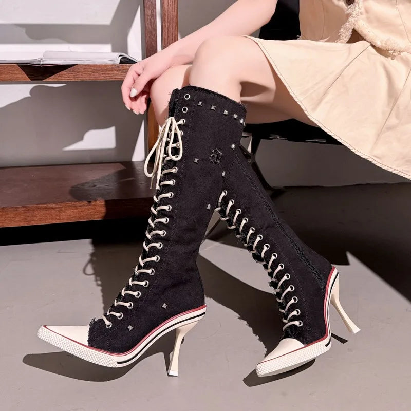 2026 Fashion Trendy Pointed Toe High Heel Women's Knee High Boots New Printed Rivet Decor Lace Up Design Casual Women Shoes
