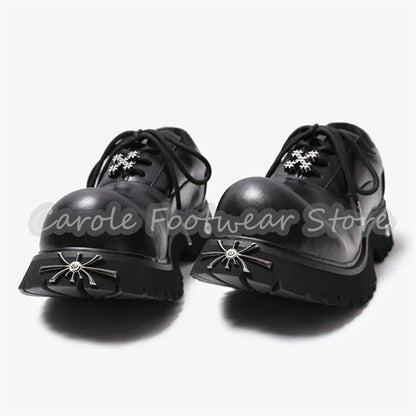 Punk Metal Decor Big Head Lace-Up Sneakers Male Chunky Bottom Height Increase Single Shoes British Style Leather Casual Shoes