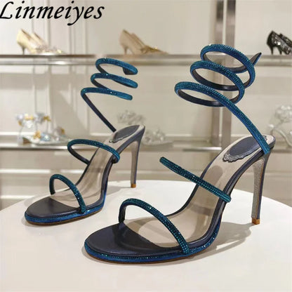 Summer Crystal Gladiator Sandals Women Rhinestone Twine Around Ankle Snake Wedding Shoes High Heels Sandals Woman
