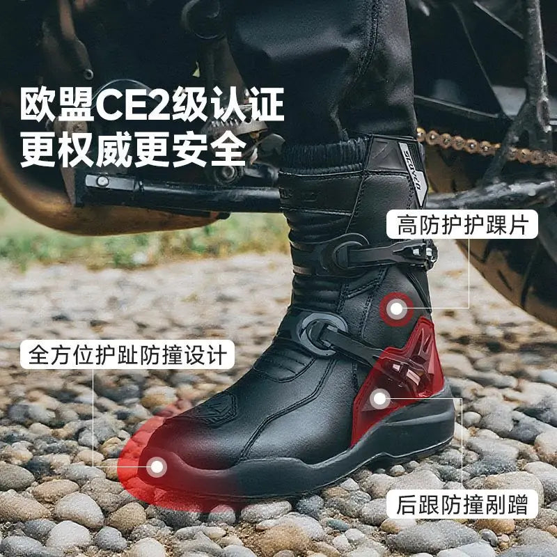 SCOYCO Retro Motorcycle Boots Cowhide Waterproof Mid-Calf Long Boots Riding Motocross Bota Motorbike Botas Motocross Shoes