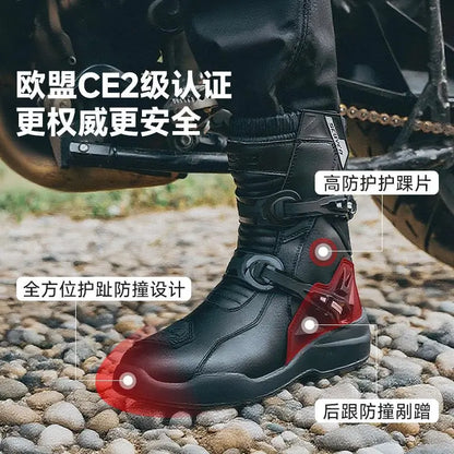 SCOYCO Retro Motorcycle Boots Cowhide Waterproof Mid-Calf Long Boots Riding Motocross Bota Motorbike Botas Motocross Shoes