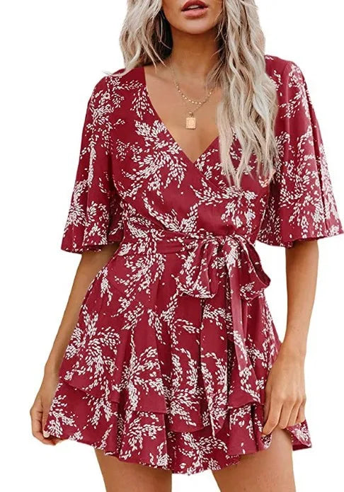 Hot-selling Women's Jumpsuits V-neck Flared Sleeves High Waist Plant Printed Pleated Lace-up Fashion High Street Playsuits