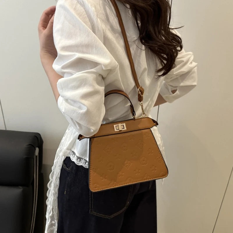 Fashion Embossed Top Handle Bags for Women,Metal Turn Lock Handbag, Adjustable Crossbody Strap,versatile Purse for Daily Outings