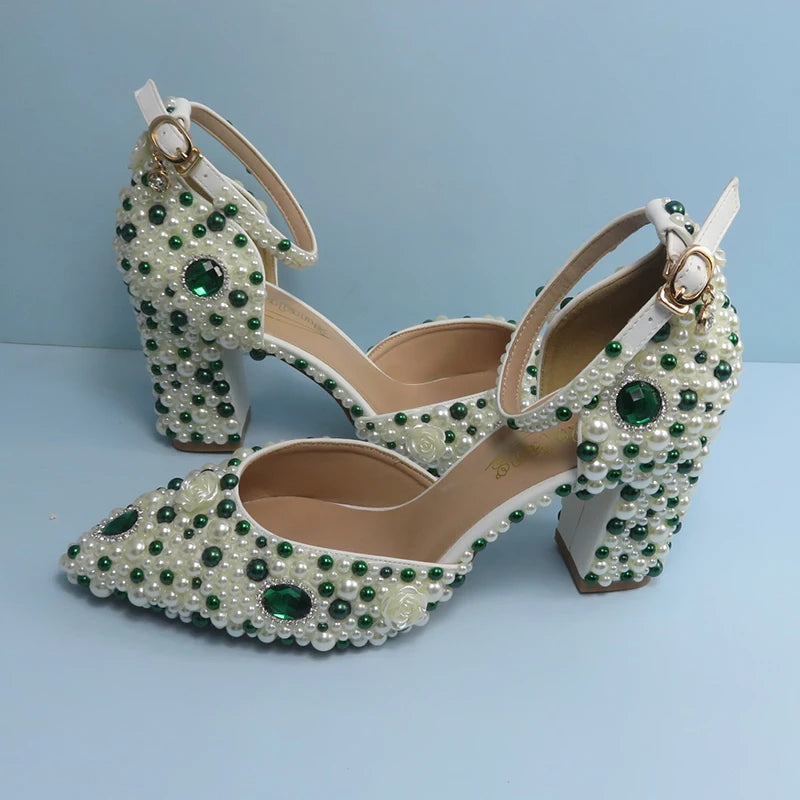 BaoYaFang Green Pointed Toe Pearl Bridal Wedding Shoes and Bag Thin Heel Slingbacks Female Ladies Party Shoe Shallow Women Shoes