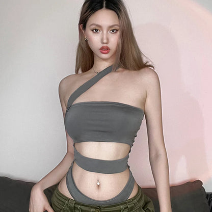 Women's Hollow Out Niche Design Sexy Jumpsuit European Style Spicy Girls Wear Cross Shoulder Hanging Neck Deconstruction Top