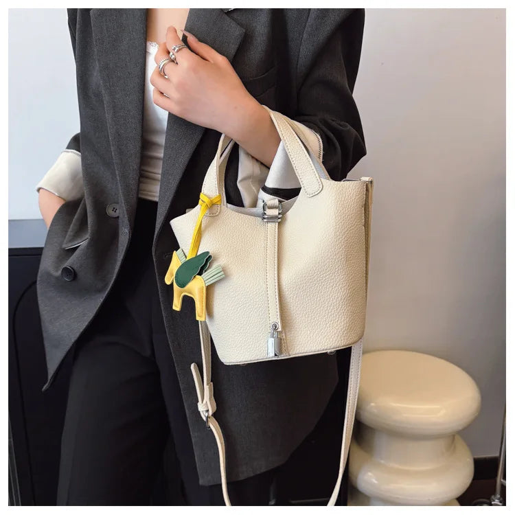 Fashion Vegetable Basket Bucket Bag Women's Autumn New Lychee Pattern Shoulder Bag Simple Solid Color Niche Messenger Bag