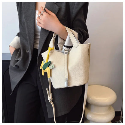 Fashion Vegetable Basket Bucket Bag Women's Autumn New Lychee Pattern Shoulder Bag Simple Solid Color Niche Messenger Bag