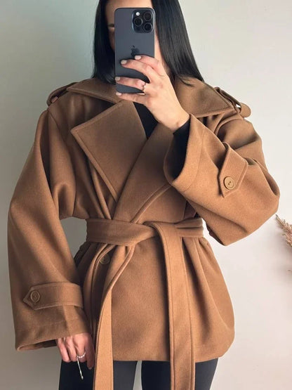 Women Short Wool Blend Trench Coat Lapel Collar Belted Waist Wrap Long Sleeve Loose Overcoat Casual Autumn Winter Lady Jackets