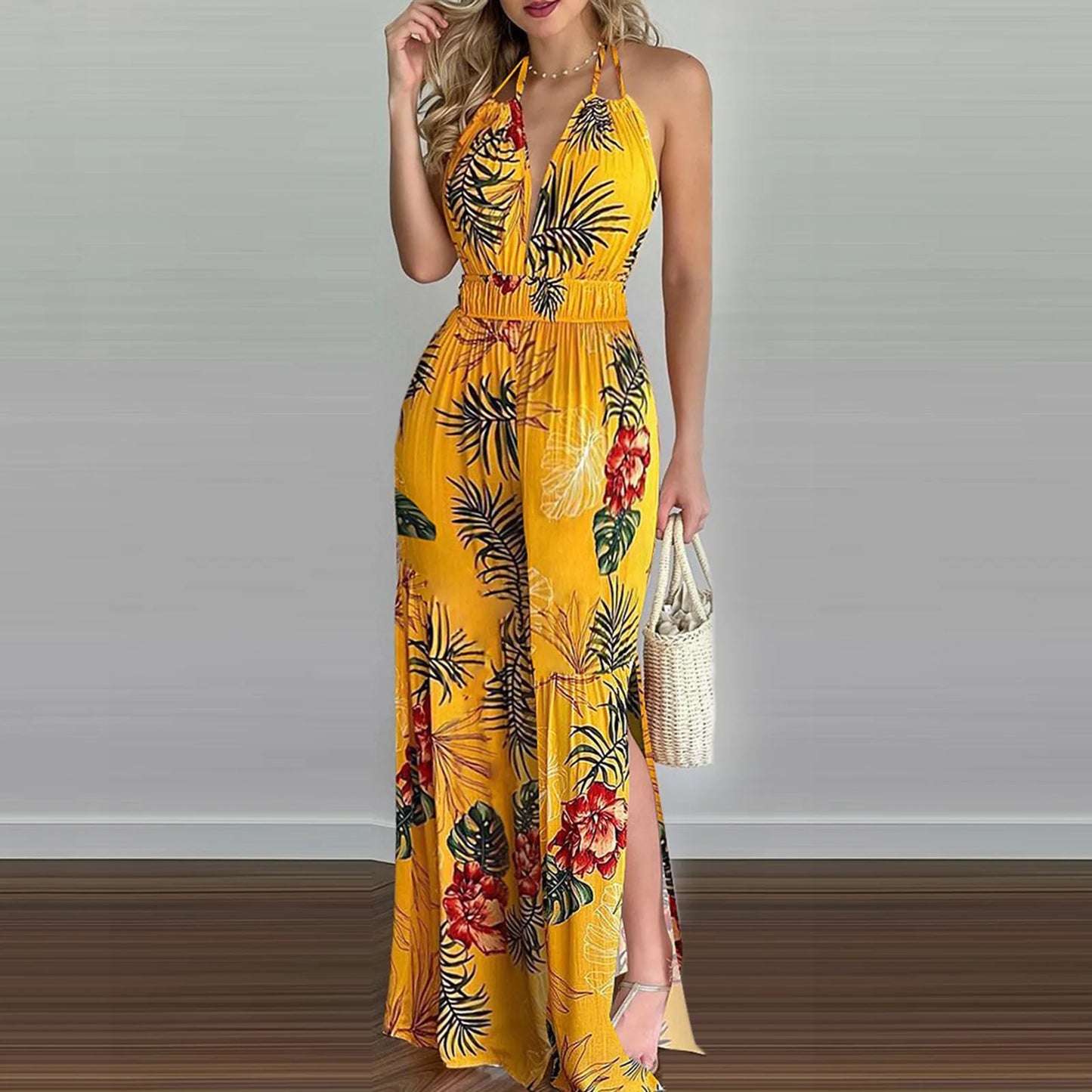 New Summer Sleeveless Halter Jumpsuits for Women Backless Print Lace-up Wide-leg Women Jumpsuit Rompers Womens Jumpsuit