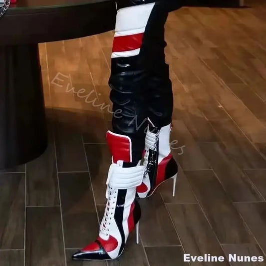 Mixed Colors Lace-up Motorcycle Boots Women Sports Style Pointed Toe Stiletto Heel Ankle Boots 2026 Fashion Plus-size Long Boots