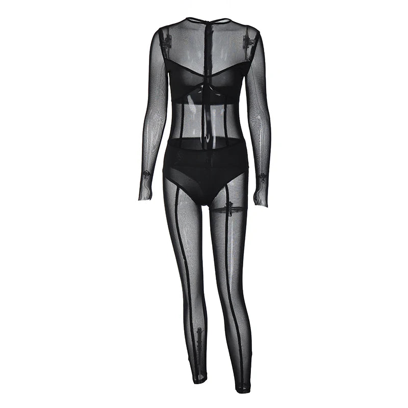 Hugcitar Mesh Long Sleeve Black Zip Up See Through Sheer Sexy Bodycon Jumpsuit 2025 Summer Women Romper Beach Festival Club Y2K