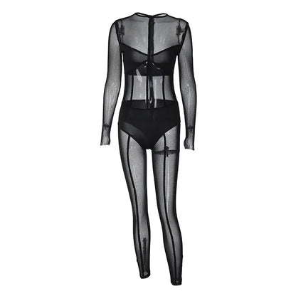 Hugcitar Mesh Long Sleeve Black Zip Up See Through Sheer Sexy Bodycon Jumpsuit 2025 Summer Women Romper Beach Festival Club Y2K