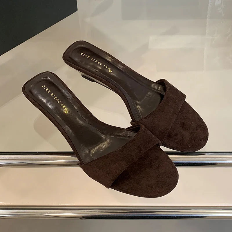 Flock Fashion Round Toe Women Wedges Slippers Sandals Shoes Luxury Female Slides Footwear Sexy Ladies Heeled Slippers Shoes