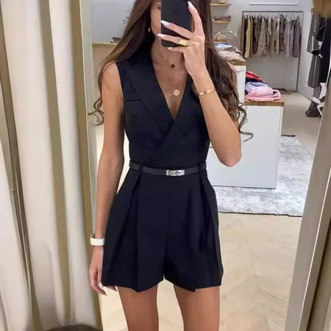 Women Playsuits Solid Turn Down Collar Rompers One Piece High Waist Sleeveless Jumpsuits Shorts Elegant Office Lady Summer 2026