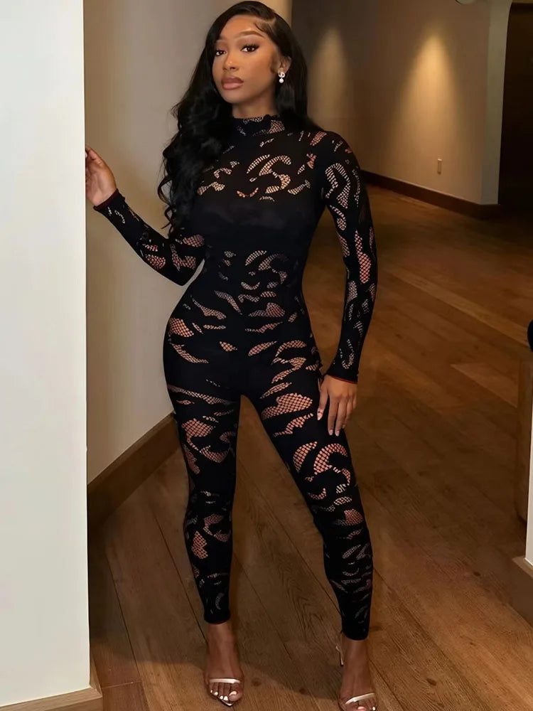 Doyerl Black Sexy Rave Outfit Woman Jumpsuits Long Sleeve Hollow Out Mesh Skinny Club Party Bodycon Rompers One Pieces Overalls