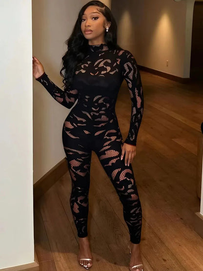 Doyerl Black Sexy Rave Outfit Woman Jumpsuits Long Sleeve Hollow Out Mesh Skinny Club Party Bodycon Rompers One Pieces Overalls