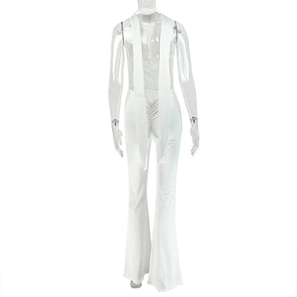 Women's Lace-Up Bandage Halter Swinging Collar Sleeveless Backless Sexy Loose Jumpsuits Solid Color Casual Long Romper