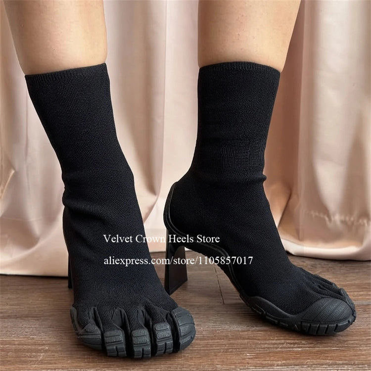 Elastic Fabric Foot Toe Shape Irregular Heel Sock Boots Designer Style Chunky High Heel Mid Calf Boot Animal Print Bootie Autumn