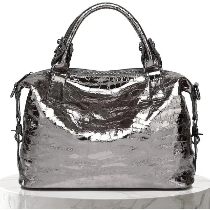 Real Leather Shiny Tote Handbags For Women Fashion Genuine Cowhide Leather Metallic Lady Bags With Shiny Embossed Coating