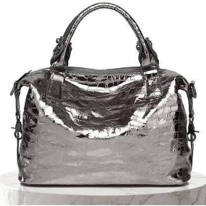 Real Leather Shiny Tote Handbags For Women Fashion Genuine Cowhide Leather Metallic Lady Bags With Shiny Embossed Coating