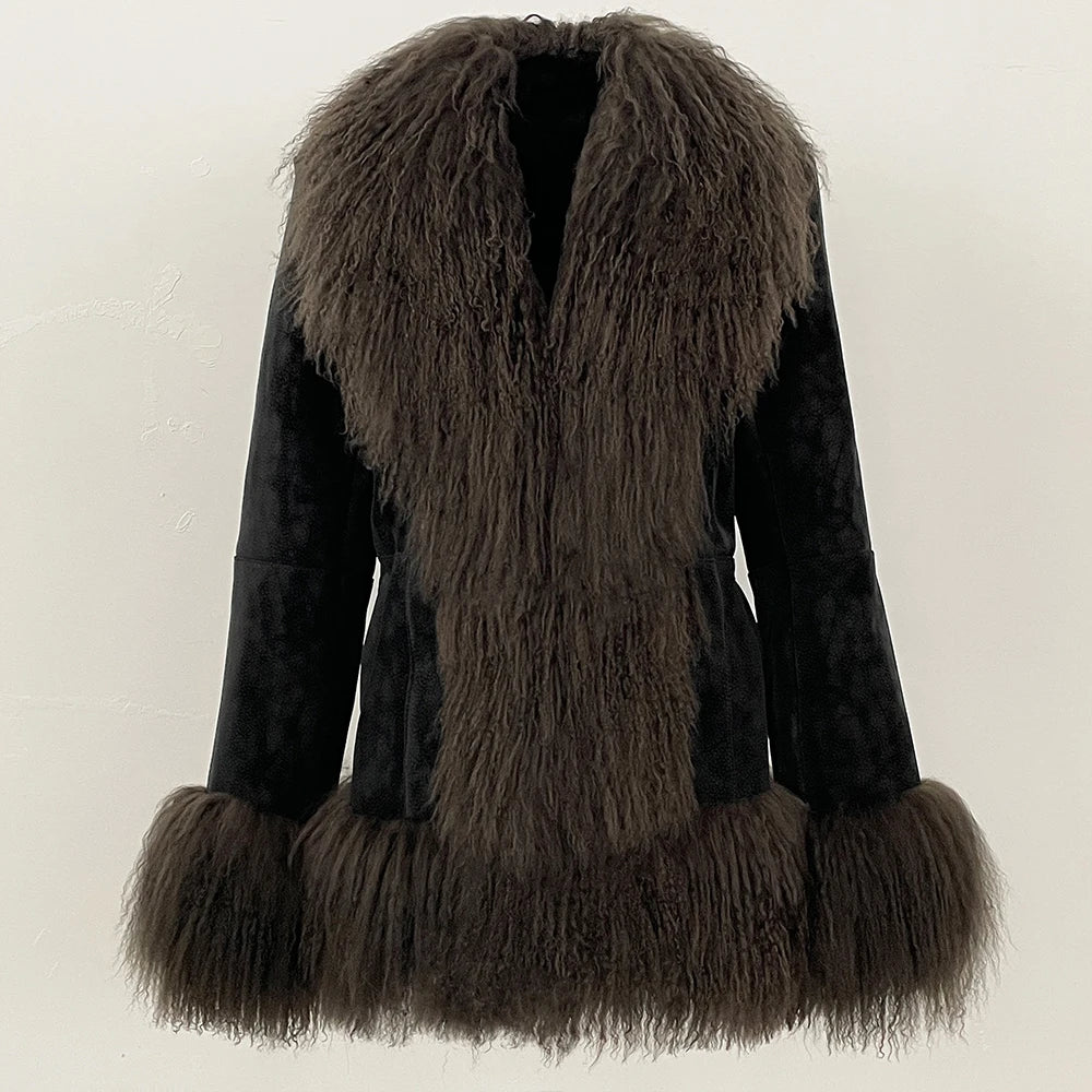 OFTBUY New Winter Warm Curly Mongolia Sheep Fur Jacket Women Vintage Shearling Coat Slim Faux Suede Real Rabbit Fur Clothing