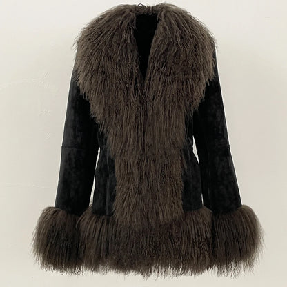 OFTBUY New Winter Warm Curly Mongolia Sheep Fur Jacket Women Vintage Shearling Coat Slim Faux Suede Real Rabbit Fur Clothing