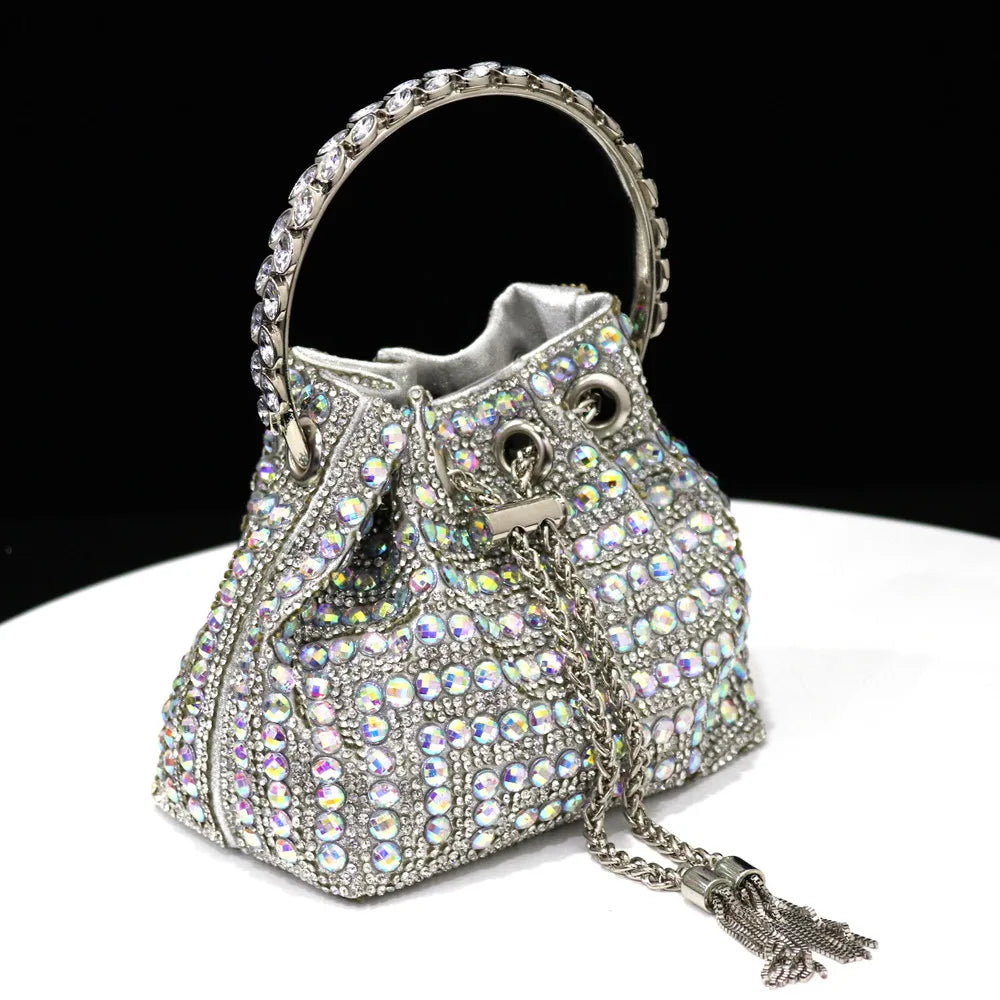Elegant Multicolor Rhinestone Slingback Heels & Bucket Bag Set Luxury Crystal Matching Kit for Wedding Party Evening Bridal Form