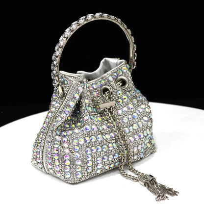Elegant Multicolor Rhinestone Slingback Heels & Bucket Bag Set Luxury Crystal Matching Kit for Wedding Party Evening Bridal Form