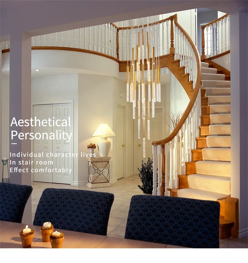 Nordic Minimalist Indoor Pendant Light Fixture Modern Ceiling Crystal Led Chandelier Long Hanging Lamp for Staircase Living Room