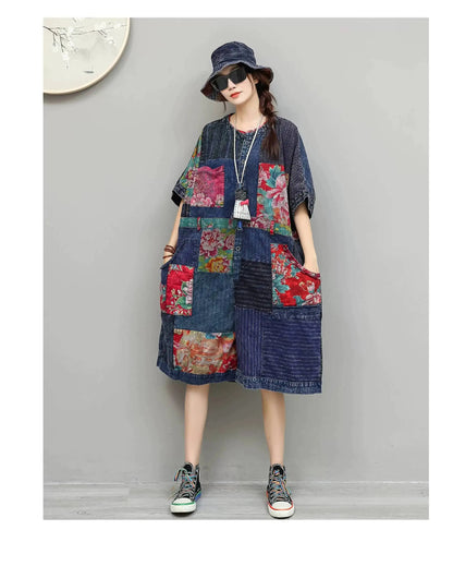 Unique Design Vintage-style Patchwork Large Floral Print Jumpsuit Women Summer Loose Casual Romper LX6155