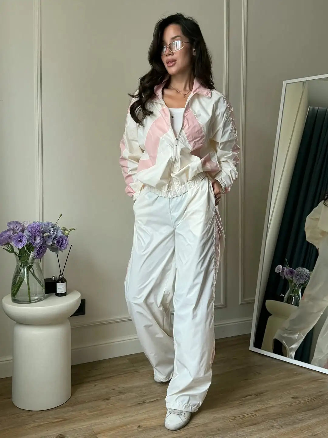 Chevron Stripe Windbreaker Tracksuit Women Casual Zip Cropped Jacket Contrast Trim Shorts Suit Lady Daily Jogging Street Outfit