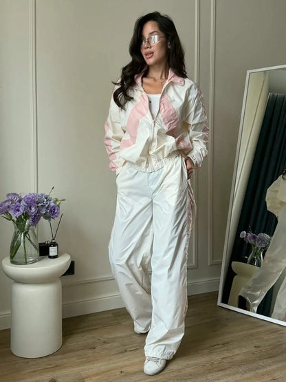 Chevron Stripe Windbreaker Tracksuit Women Casual Zip Cropped Jacket Contrast Trim Shorts Suit Lady Daily Jogging Street Outfit