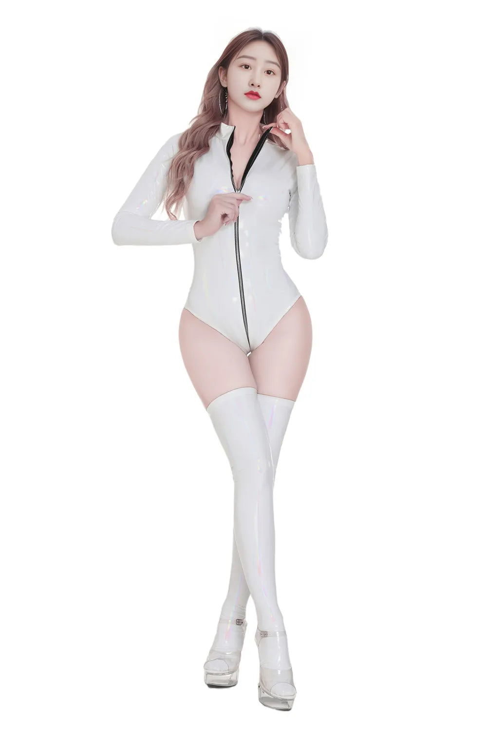 Sexy Women PVC Glossy Shiny High Cut Bodysuit Bandage Leotard Dance Wear Long Sleeve PU Latex Cosplay Maid Tight Catsuit