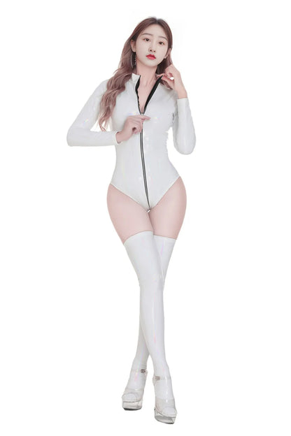 Sexy Women PVC Glossy Shiny High Cut Bodysuit Bandage Leotard Dance Wear Long Sleeve PU Latex Cosplay Maid Tight Catsuit