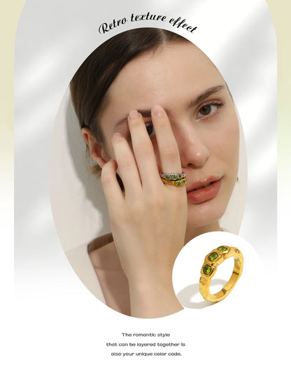 E.B.belle New Vintage Style Three Green Zircon Ring PVD Plated 316L Stainless Steel Simple Women Statement Finger Chic Jewelry