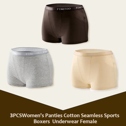 3Pcs Women's Cotton Boxers Panties Seamless Sports Underwear Female Solid Color Briefs Lingerie Intimate Underpant Finetoo S-XXL
