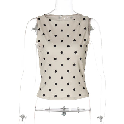 Hugcitar Women'S Fashion Polka Dot Print O Neck Sexy Slim Crop Tank Top Summer Female Clothes Beach Vacation Party Streetwear