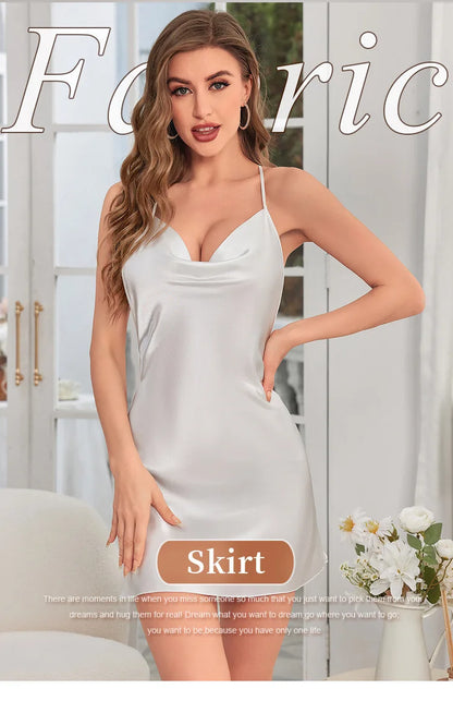 Fashion Solid Color V-neck Home Nightgown Women's Backless Cross Suspender Skirt Butterfly Decoration Simulation Silk Thin Dress