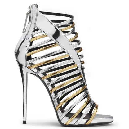2026 Metallic Silver Gold Gladiator Sandals for Women, Open Toe Platform Stiletto Heels, Cross Strap Cage Bootie Sandals Party