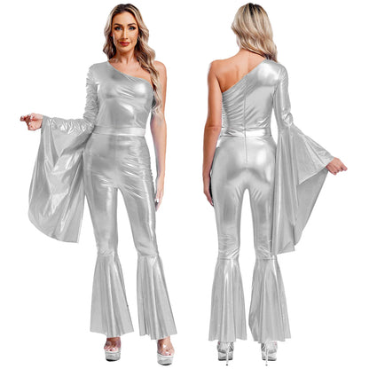 Women Vintage One Piece 70s Disco Dance Rompers Sleeveless Metallic Bell Bottom Flared Pants Jumpsuit for Retro Party Jazz Dance