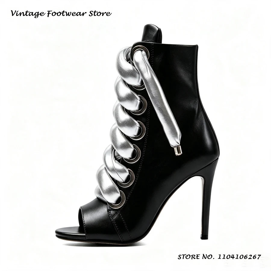 Bold Shoelace Stiletto Ankle Boots Round Open Toe Thin Heels Casual Shoes Women's Spring Autumn Fashion Street Style Booties