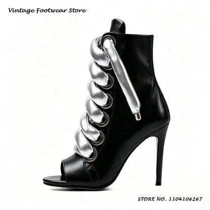 Bold Shoelace Stiletto Ankle Boots Round Open Toe Thin Heels Casual Shoes Women's Spring Autumn Fashion Street Style Booties