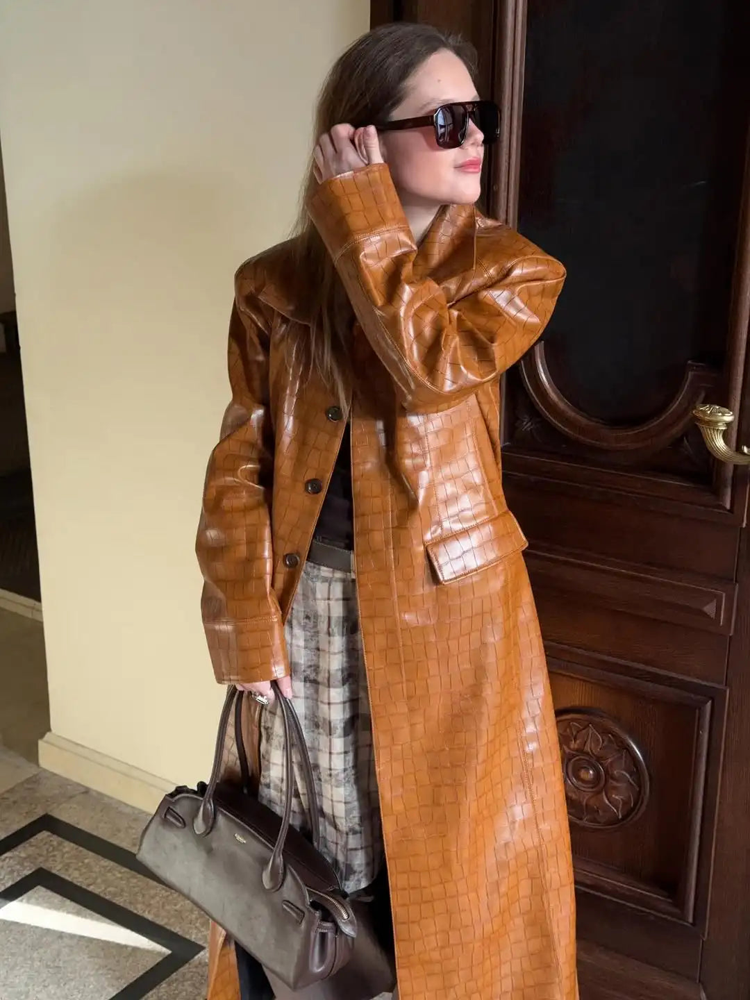 Women Brown Croc Embossed Faux Leather Maxi Trench Coat Lapel Single Breasted Straight Long Front Pockets Vintage Autumn Winter