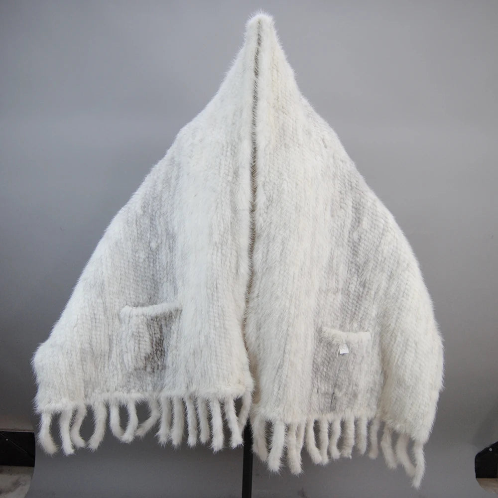 Hot Sale Women Winter Knitted Real Mink Fur Scarf Shawl Natural Warm Mink Fur Pashmina Lady Long Style 100% Genuine Fur Scarves