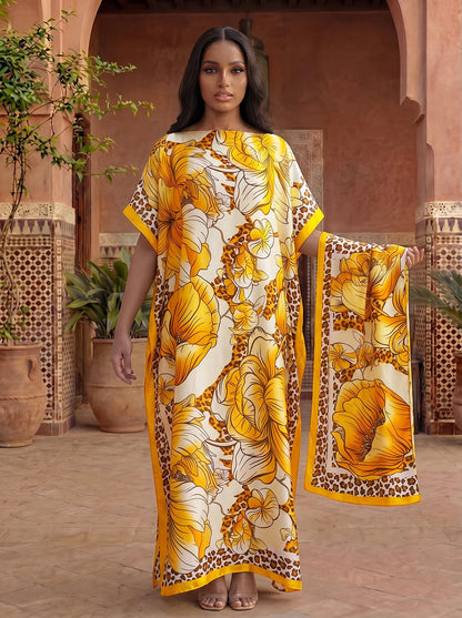 Leopard Border Big Floral Print Satin Abaya With Scarf, Loose Maxi Kaftan For Muslim Women Summer Beach Wear