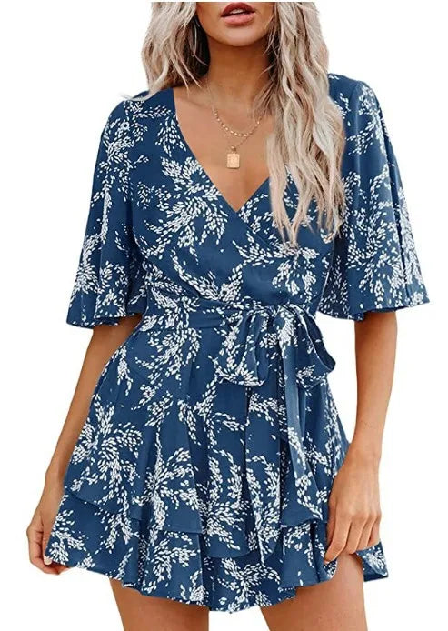 Hot-selling Women's Jumpsuits V-neck Flared Sleeves High Waist Plant Printed Pleated Lace-up Fashion High Street Playsuits