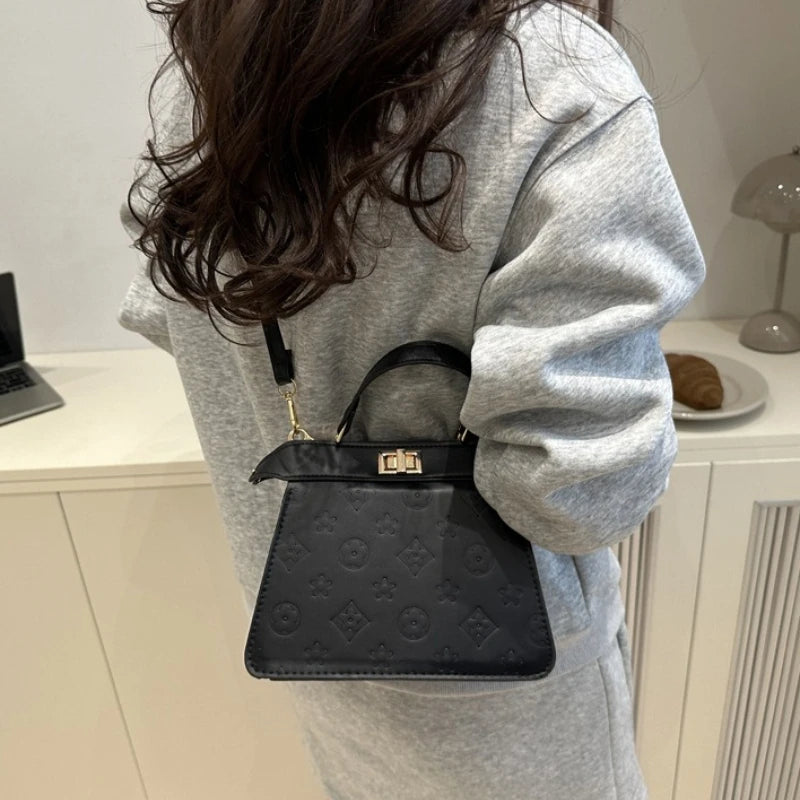 Fashion Embossed Top Handle Bags for Women,Metal Turn Lock Handbag, Adjustable Crossbody Strap,versatile Purse for Daily Outings